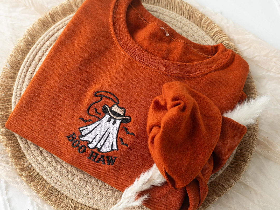 Embroidered Boo Haw Ghost Sweatshirt, Embroidered Fall Sweatshirt, Halloween Sweatshirt, Cowboy Ghost Sweatshirt, Trendy Crewneck, BO1-C-97