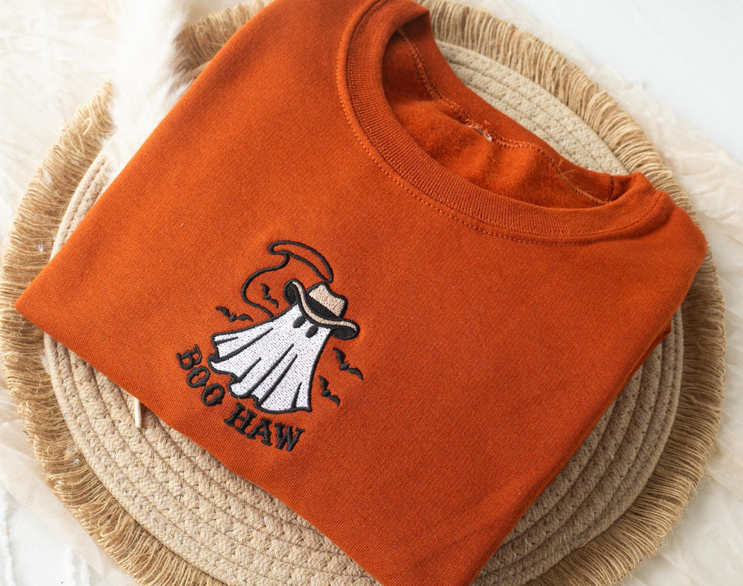 Embroidered Boo Haw Ghost Sweatshirt, Embroidered Fall Sweatshirt, Halloween Sweatshirt, Cowboy Ghost Sweatshirt, Trendy Crewneck, BO1-C-97
