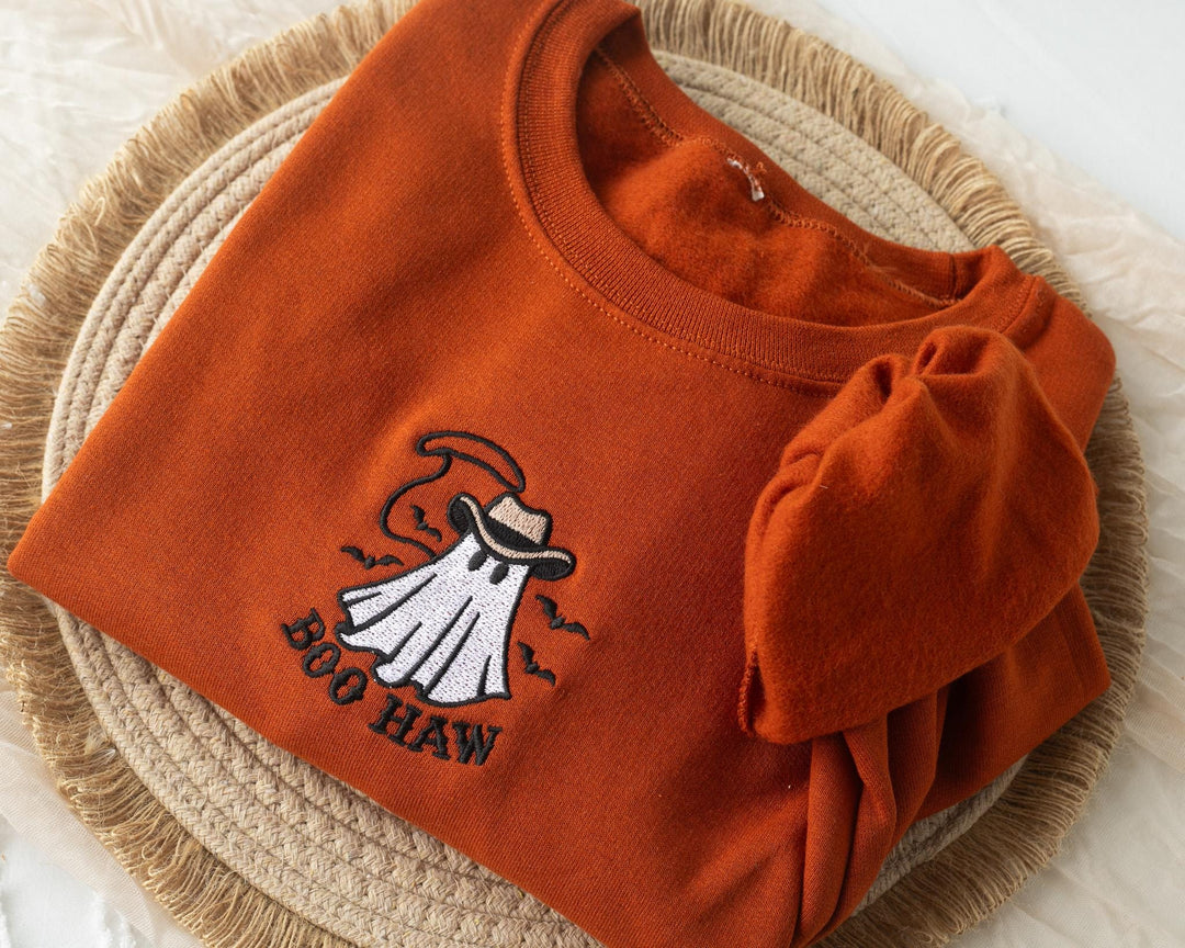 Embroidered Boo Haw Ghost Sweatshirt, Embroidered Fall Sweatshirt, Halloween Sweatshirt, Cowboy Ghost Sweatshirt, Trendy Crewneck, BO1-C-97