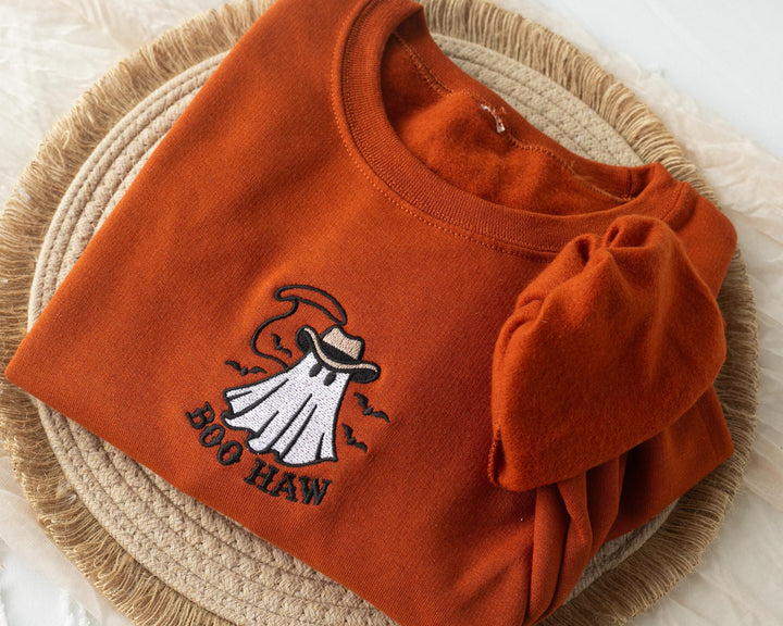 Embroidered Boo Haw Ghost Sweatshirt, Embroidered Fall Sweatshirt, Halloween Sweatshirt, Cowboy Ghost Sweatshirt, Trendy Crewneck, BO1-C-97