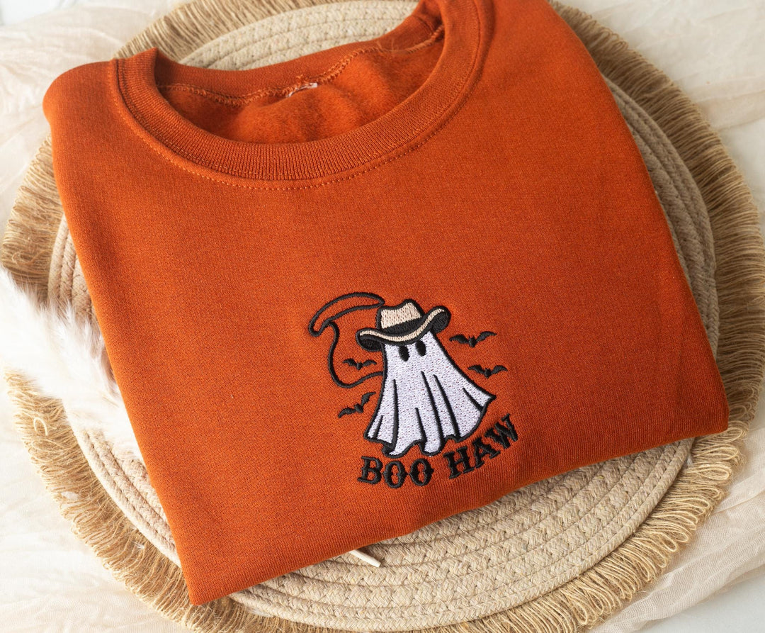 Embroidered Boo Haw Ghost Sweatshirt, Embroidered Fall Sweatshirt, Halloween Sweatshirt, Cowboy Ghost Sweatshirt, Trendy Crewneck, BO1-C-97