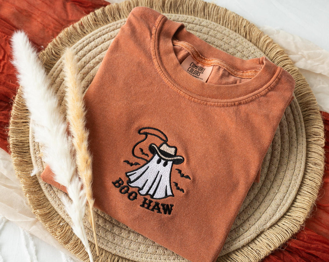 Embroidered Boo Haw Ghost T-shirt, Yam Colored T-shirt, Trendy Fall T-shirt, Fall shirts for Women, Cowboy Ghost Fall Halloween, BO1-C-97
