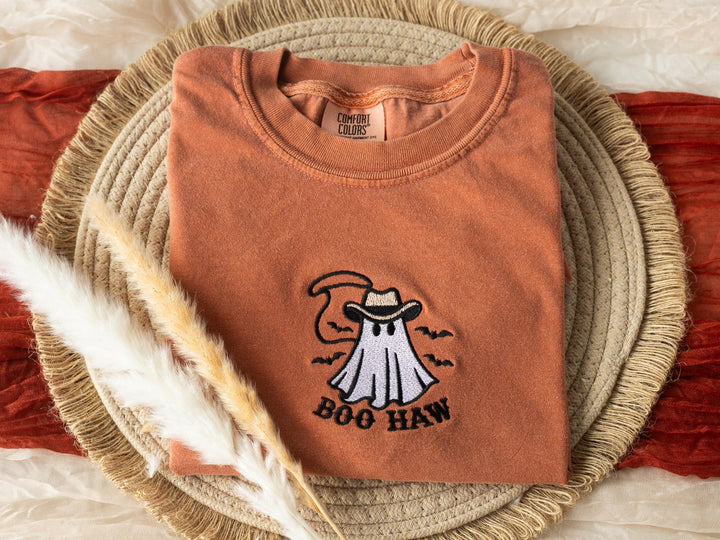 Embroidered Boo Haw Ghost T-shirt, Yam Colored T-shirt, Trendy Fall T-shirt, Fall shirts for Women, Cowboy Ghost Fall Halloween, BO1-C-97