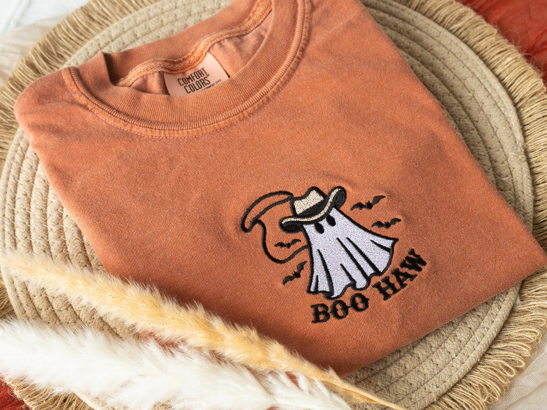Embroidered Boo Haw Ghost T-shirt, Yam Colored T-shirt, Trendy Fall T-shirt, Fall shirts for Women, Cowboy Ghost Fall Halloween, BO1-C-97