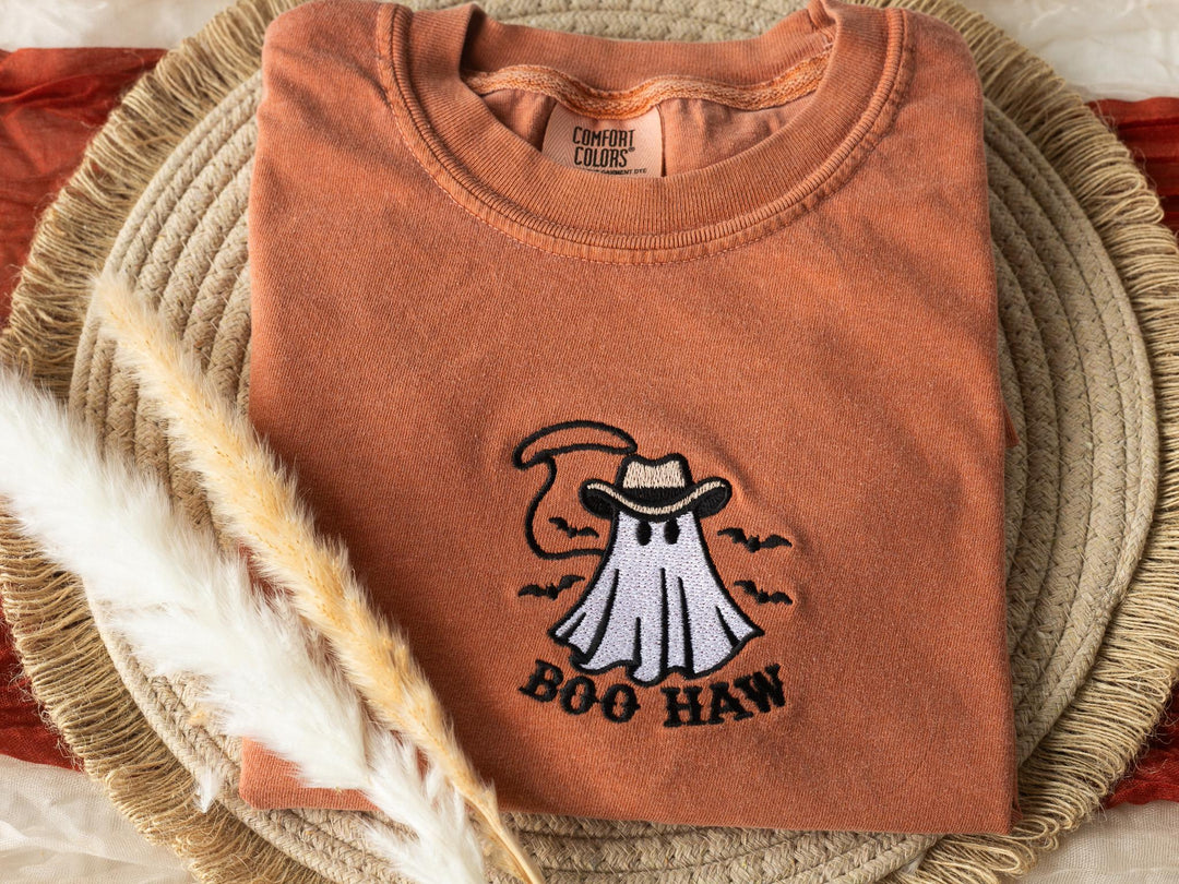 Embroidered Boo Haw Ghost T-shirt, Yam Colored T-shirt, Trendy Fall T-shirt, Fall shirts for Women, Cowboy Ghost Fall Halloween, BO1-C-97
