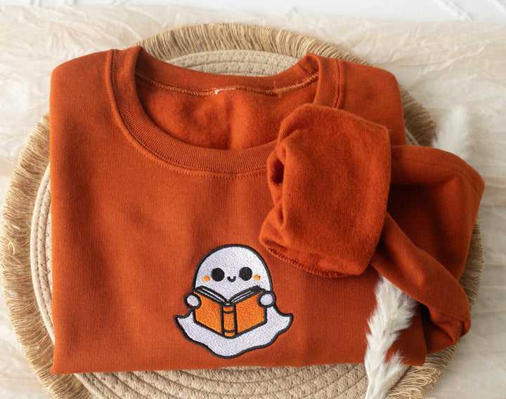 Embroidered Bookworm Ghost Sweatshirt, Embroidered Fall Sweatshirt, Halloween Sweatshirt, Bookworm Ghost Sweatshirt, Fall Crewneck, BW9-C-97