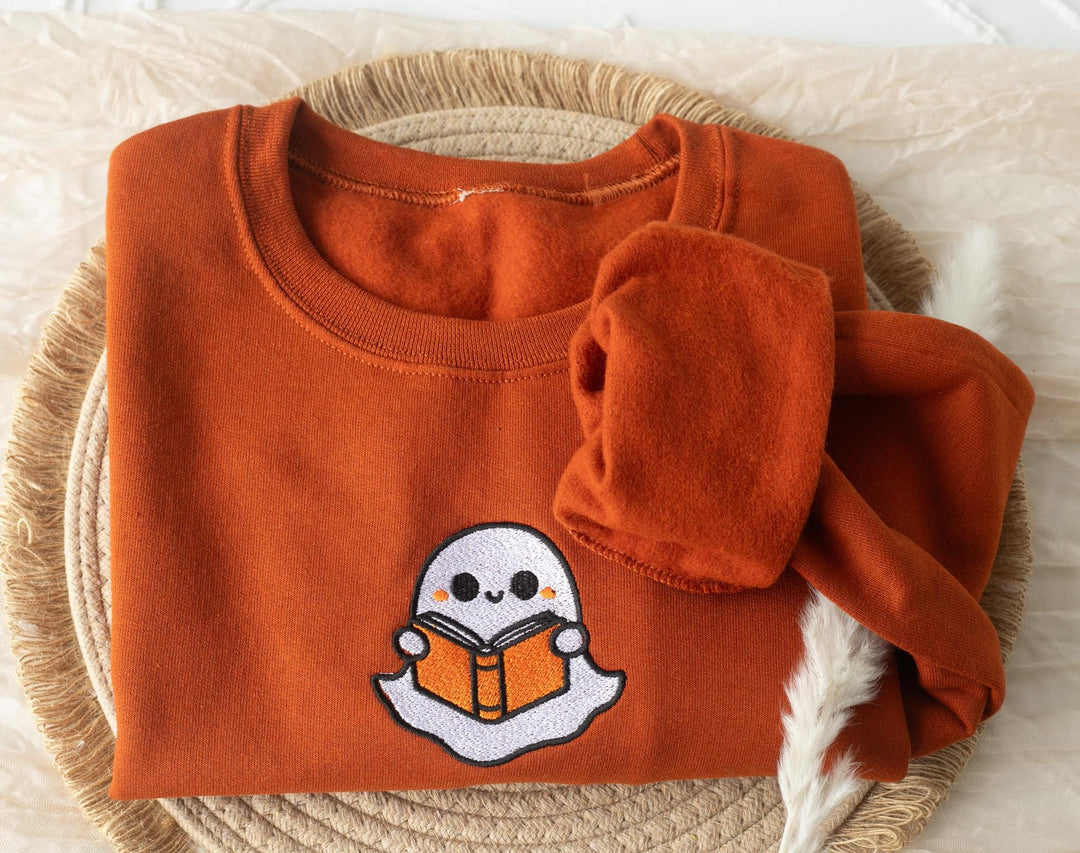 Embroidered Bookworm Ghost Sweatshirt, Embroidered Fall Sweatshirt, Halloween Sweatshirt, Bookworm Ghost Sweatshirt, Fall Crewneck, BW9-C-97