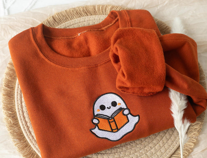 Embroidered Bookworm Ghost Sweatshirt, Embroidered Fall Sweatshirt, Halloween Sweatshirt, Bookworm Ghost Sweatshirt, Fall Crewneck, BW9-C-97