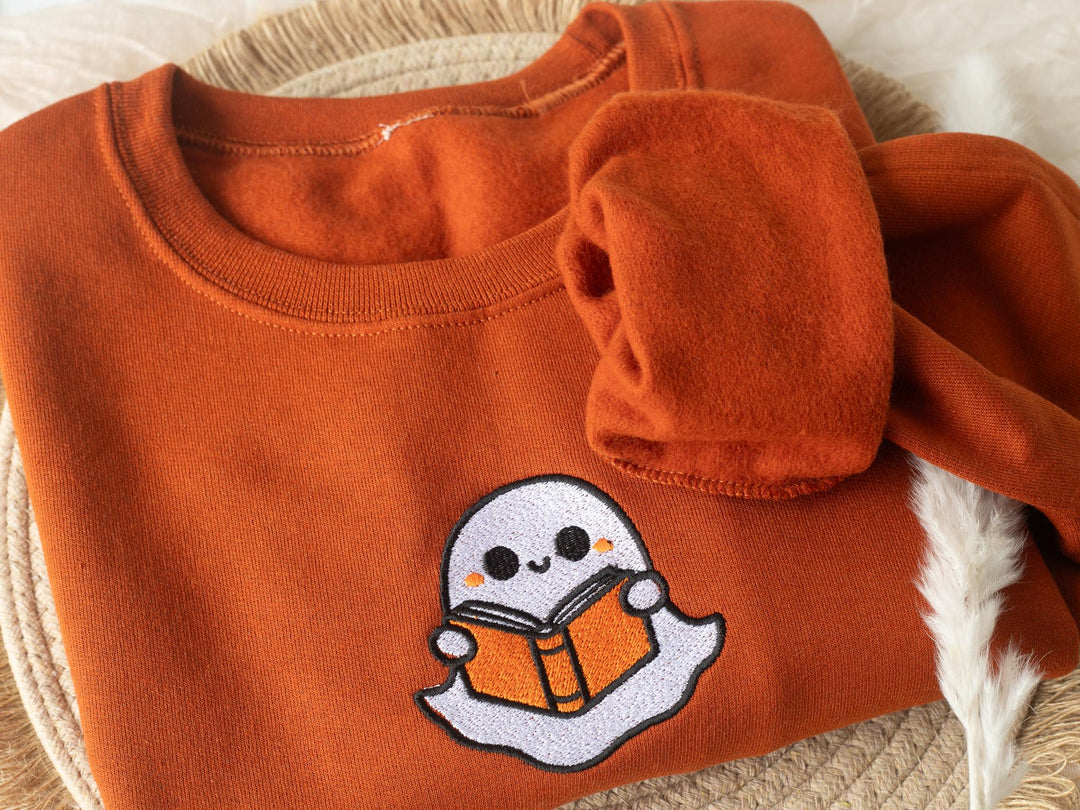 Embroidered Bookworm Ghost Sweatshirt, Embroidered Fall Sweatshirt, Halloween Sweatshirt, Bookworm Ghost Sweatshirt, Fall Crewneck, BW9-C-97