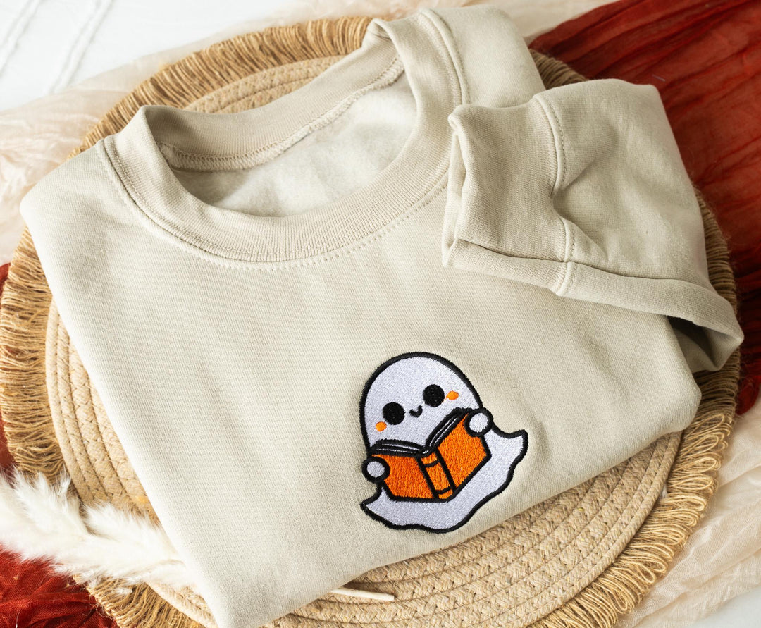 Embroidered Bookworm Ghost Sweatshirt, Embroidered Fall Sweatshirt, Halloween Sweatshirt, Bookworm Ghost Sweatshirt, Fall Crewneck, BW9-C-97