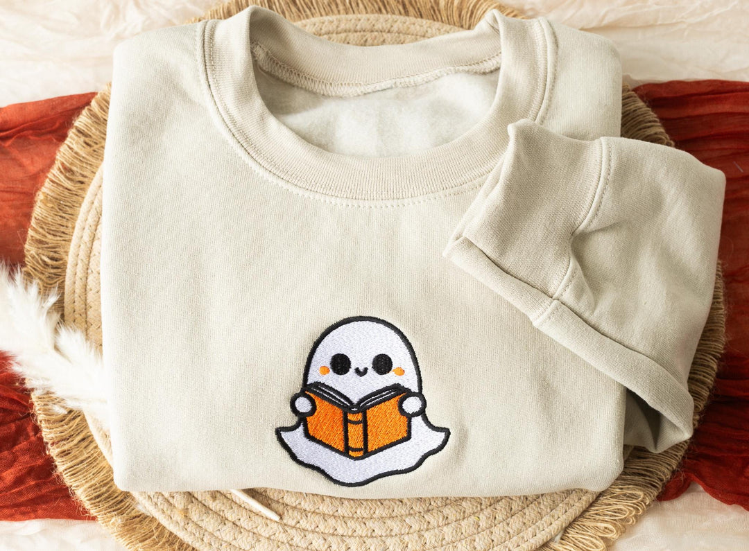 Embroidered Bookworm Ghost Sweatshirt, Embroidered Fall Sweatshirt, Halloween Sweatshirt, Bookworm Ghost Sweatshirt, Fall Crewneck, BW9-C-97