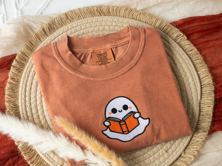 Embroidered Bookworm Ghost T-shirt, Yam Colored T-shirt, Trendy Fall T-shirt, Fall shirts for Women, Cowboy Ghost Fall Halloween, BW9-C-97