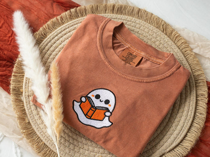 Embroidered Bookworm Ghost T-shirt, Yam Colored T-shirt, Trendy Fall T-shirt, Fall shirts for Women, Cowboy Ghost Fall Halloween, BW9-C-97