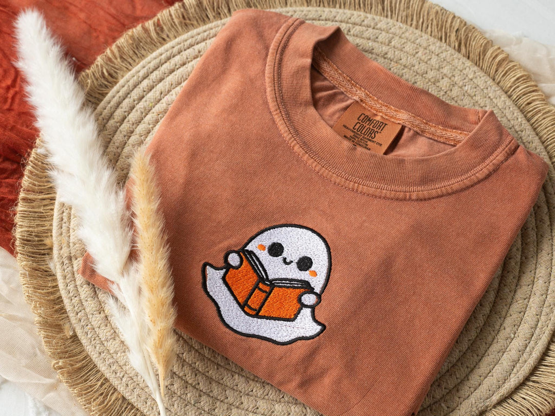 Embroidered Bookworm Ghost T-shirt, Yam Colored T-shirt, Trendy Fall T-shirt, Fall shirts for Women, Cowboy Ghost Fall Halloween, BW9-C-97