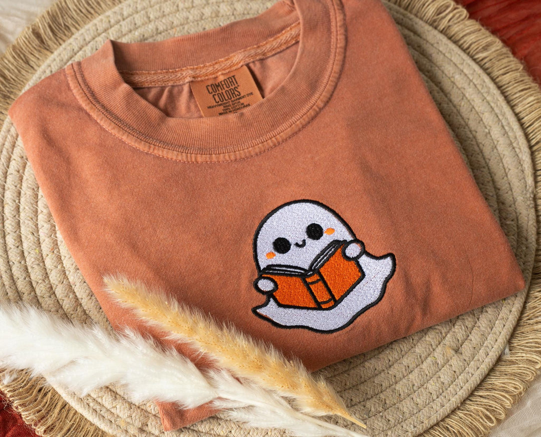 Embroidered Bookworm Ghost T-shirt, Yam Colored T-shirt, Trendy Fall T-shirt, Fall shirts for Women, Cowboy Ghost Fall Halloween, BW9-C-97