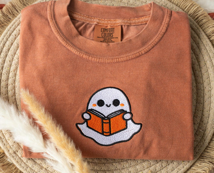 Embroidered Bookworm Ghost T-shirt, Yam Colored T-shirt, Trendy Fall T-shirt, Fall shirts for Women, Cowboy Ghost Fall Halloween, BW9-C-97