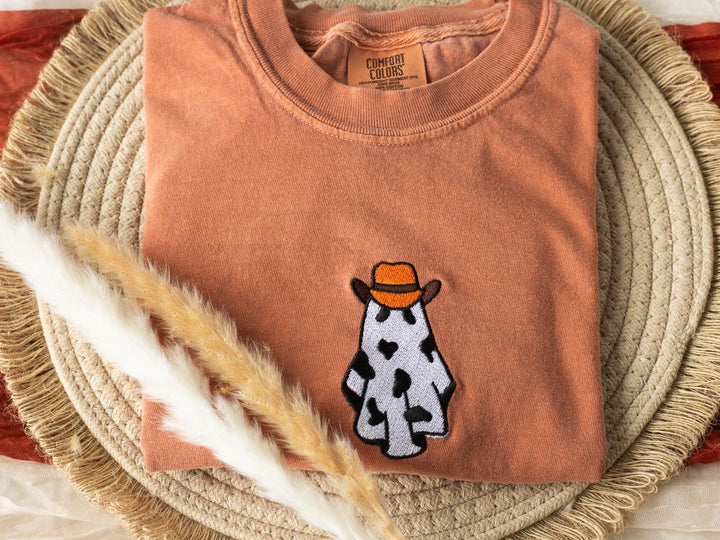 Embroidered Cow Ghost T-shirt, Yam Colored T-shirt, Trendy Fall T-shirt, Fall shirts for Women, Cowboy Ghost Fall Halloween Tee, CO1-C-97