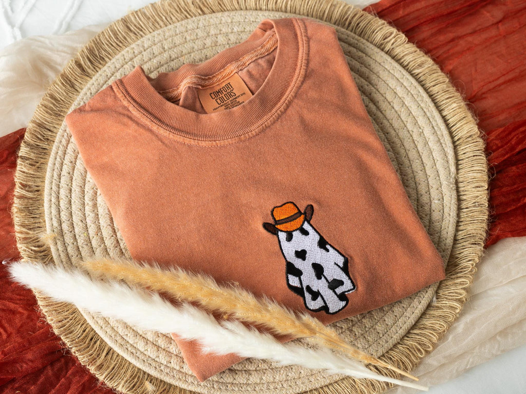 Embroidered Cow Ghost T-shirt, Yam Colored T-shirt, Trendy Fall T-shirt, Fall shirts for Women, Cowboy Ghost Fall Halloween Tee, CO1-C-97