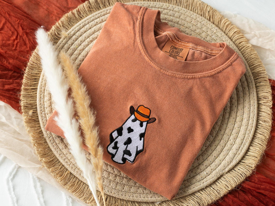 Embroidered Cow Ghost T-shirt, Yam Colored T-shirt, Trendy Fall T-shirt, Fall shirts for Women, Cowboy Ghost Fall Halloween Tee, CO1-C-97