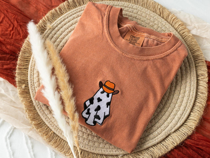 Embroidered Cow Ghost T-shirt, Yam Colored T-shirt, Trendy Fall T-shirt, Fall shirts for Women, Cowboy Ghost Fall Halloween Tee, CO1-C-97