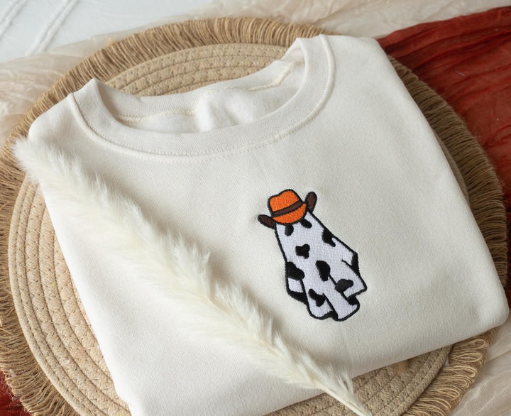 Embroidered Cow Ghost Sweatshirt, Embroidered Fall Sweatshirt, Halloween Sweatshirt, Cowboy Ghost Sweatshirt, Trendy Fall Crewneck, CO1-C-97