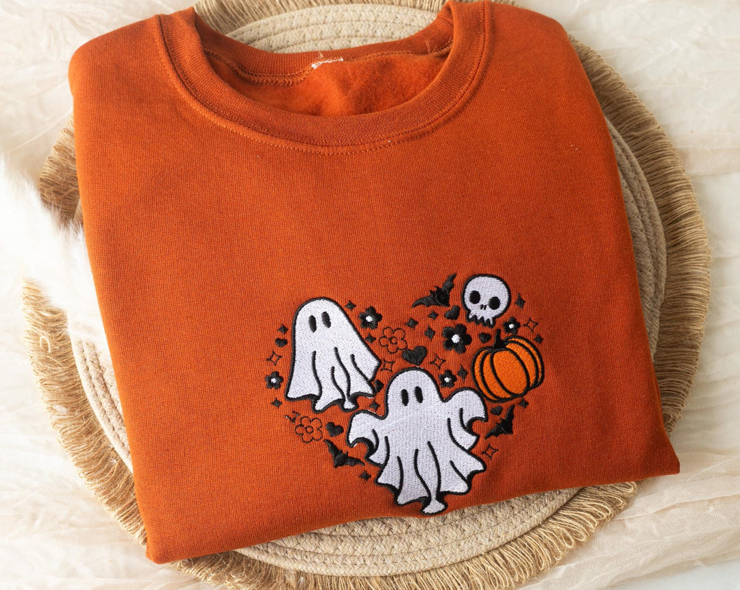 Embroidered Skull and Ghosts Sweatshirt, Embroidered Fall Sweatshirt, Halloween Sweatshirt, Ghost Sweatshirt, Fall Crewneck, SU1-C-120