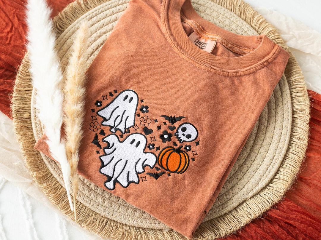 Embroidered Cow Ghost T-shirt, Yam Colored T-shirt, Trendy Fall T-shirt, Fall shirts for Women, Cowboy Ghost Fall Halloween Tee, SU1-C-196