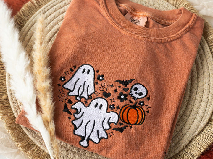 Embroidered Cow Ghost T-shirt, Yam Colored T-shirt, Trendy Fall T-shirt, Fall shirts for Women, Cowboy Ghost Fall Halloween Tee, SU1-C-196