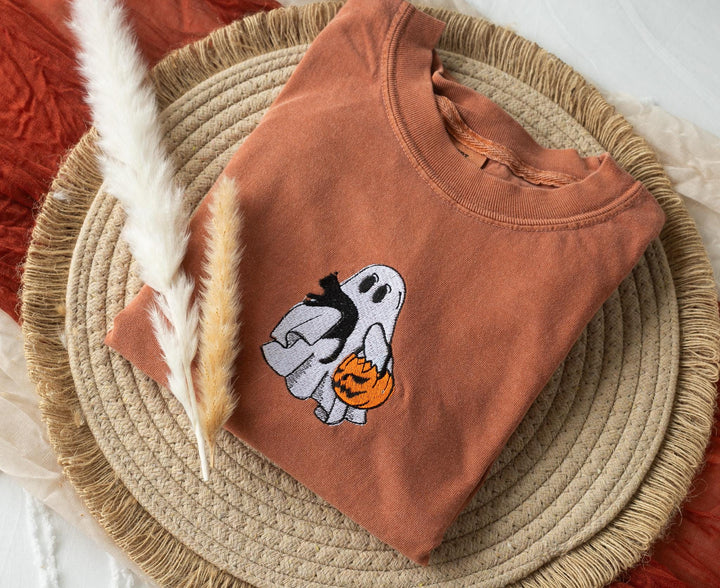 Embroidered Cat and Ghost T-shirt, Yam Colored T-shirt, Trendy Fall T-shirt, Fall shirts for Women, Cowboy Ghost Halloween Tee, TG1-97-C