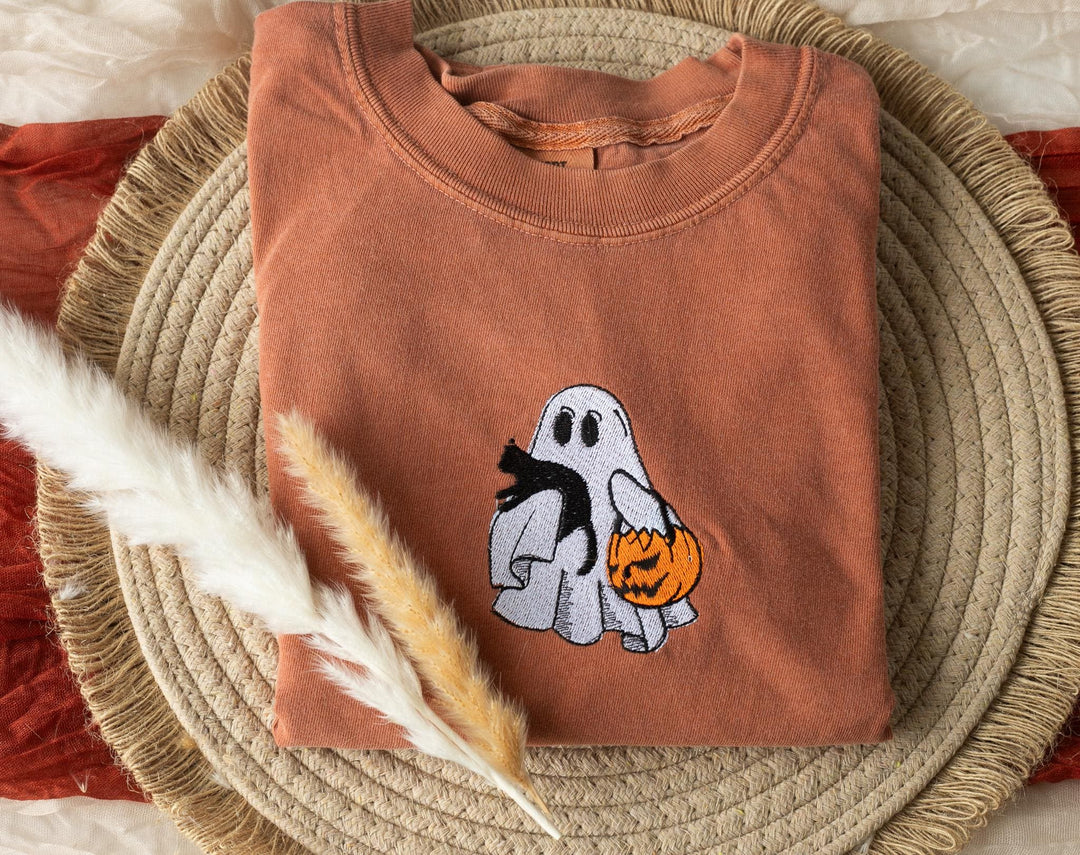 Embroidered Cat and Ghost T-shirt, Yam Colored T-shirt, Trendy Fall T-shirt, Fall shirts for Women, Cowboy Ghost Halloween Tee, TG1-97-C