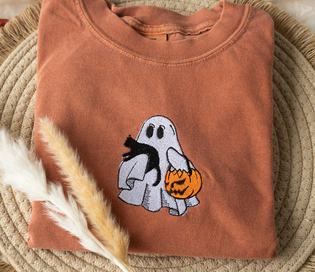 Embroidered Cat and Ghost T-shirt, Yam Colored T-shirt, Trendy Fall T-shirt, Fall shirts for Women, Cowboy Ghost Halloween Tee, TG1-97-C