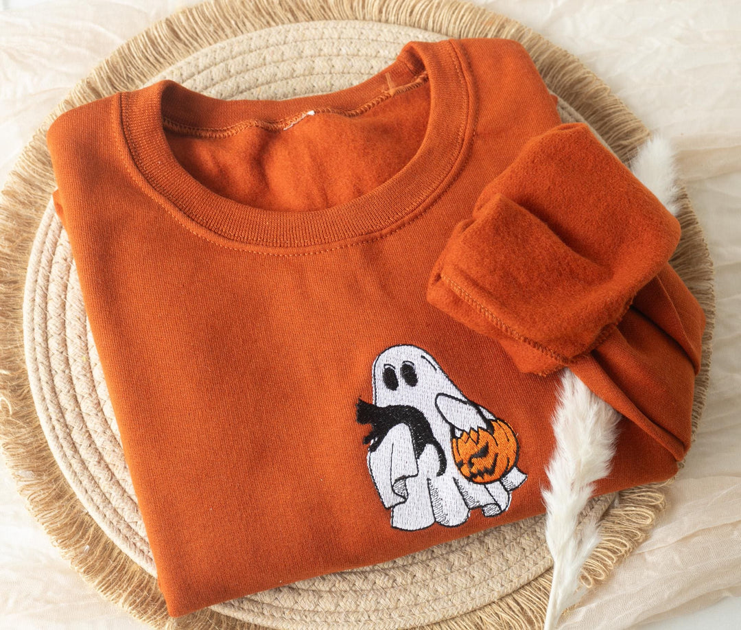 Embroidered Ghost and Cat Sweatshirt, Embroidered Fall Sweatshirt, Halloween Sweatshirt, Ghost Sweatshirt, Trendy Fall Crewneck, TG1-C-97