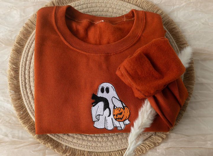 Embroidered Ghost and Cat Sweatshirt, Embroidered Fall Sweatshirt, Halloween Sweatshirt, Ghost Sweatshirt, Trendy Fall Crewneck, TG1-C-97