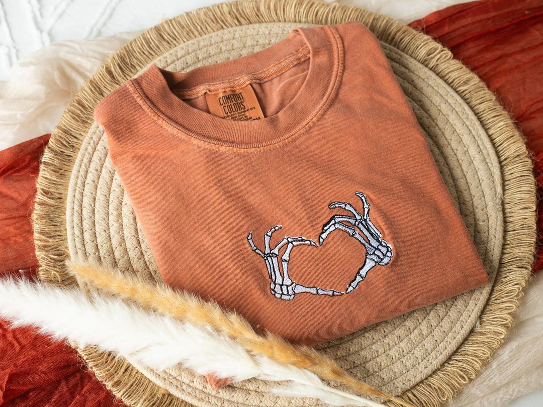 Embroidered Skeleton T-shirt, Yam Colored T-shirt, Trendy Fall T-shirt, Cute Fall shirts Women, Cowboy Ghost Fall Halloween Tee, SK1C-120