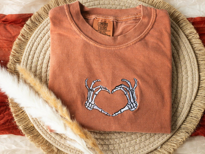 Embroidered Skeleton T-shirt, Yam Colored T-shirt, Trendy Fall T-shirt, Cute Fall shirts Women, Cowboy Ghost Fall Halloween Tee, SK1C-120