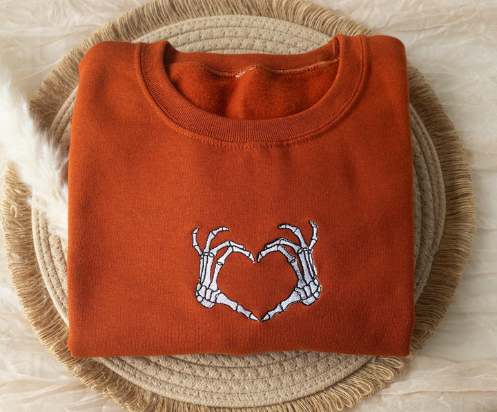 Embroidered Skeleton Heart Sweatshirt, Embroidered Halloween Sweatshirt, Funny Fall Sweatshirt, Trendy Fall Crewneck, SK1C-120