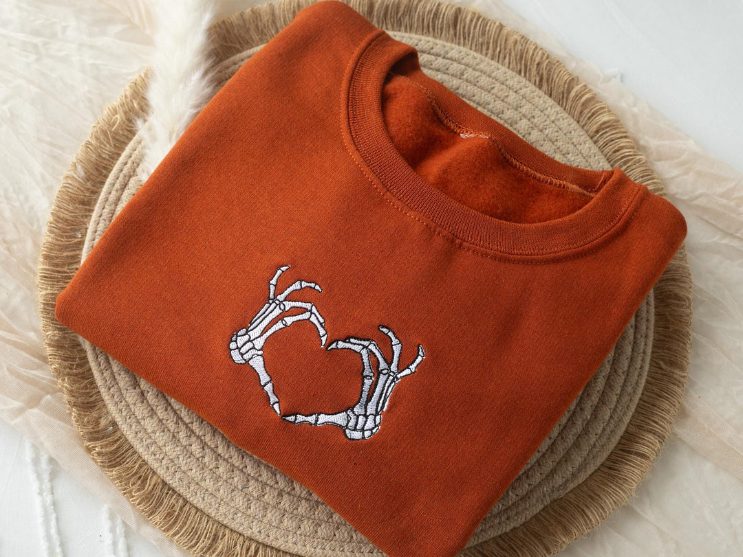 Embroidered Skeleton Heart Sweatshirt, Embroidered Halloween Sweatshirt, Funny Fall Sweatshirt, Trendy Fall Crewneck, SK1C-120