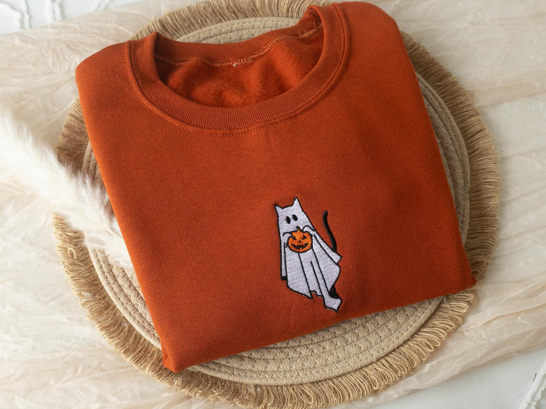 Embroidered Ghost Cat Sweatshirt, Embroidered Fall Sweatshirt, Halloween Sweatshirt, Witch Sweatshirt, Trendy Fall Crewneck, GC1-C-97