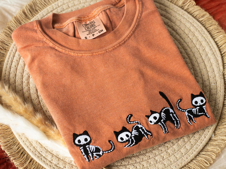 Embroidered Skeleton Cats T-shirt, Yam Colored T-shirt, Fall T-shirt, Cute Fall shirts for Women, Cowboy Ghost Fall Halloween Tee, C4-C-196