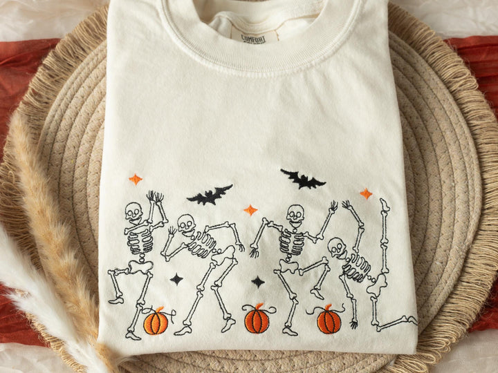Embroidered Dancing Skeleton T-shirt, Yam Colored T-shirt, Fall T-shirt, Cute Fall shirts Women, Cowboy Ghost Fall Halloween Tee, DS1-C-196