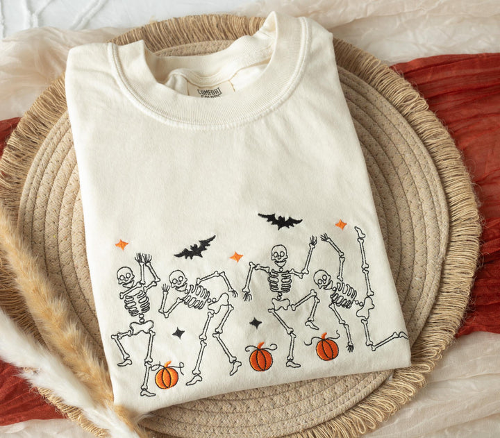 Embroidered Dancing Skeleton T-shirt, Yam Colored T-shirt, Fall T-shirt, Cute Fall shirts Women, Cowboy Ghost Fall Halloween Tee, DS1-C-196