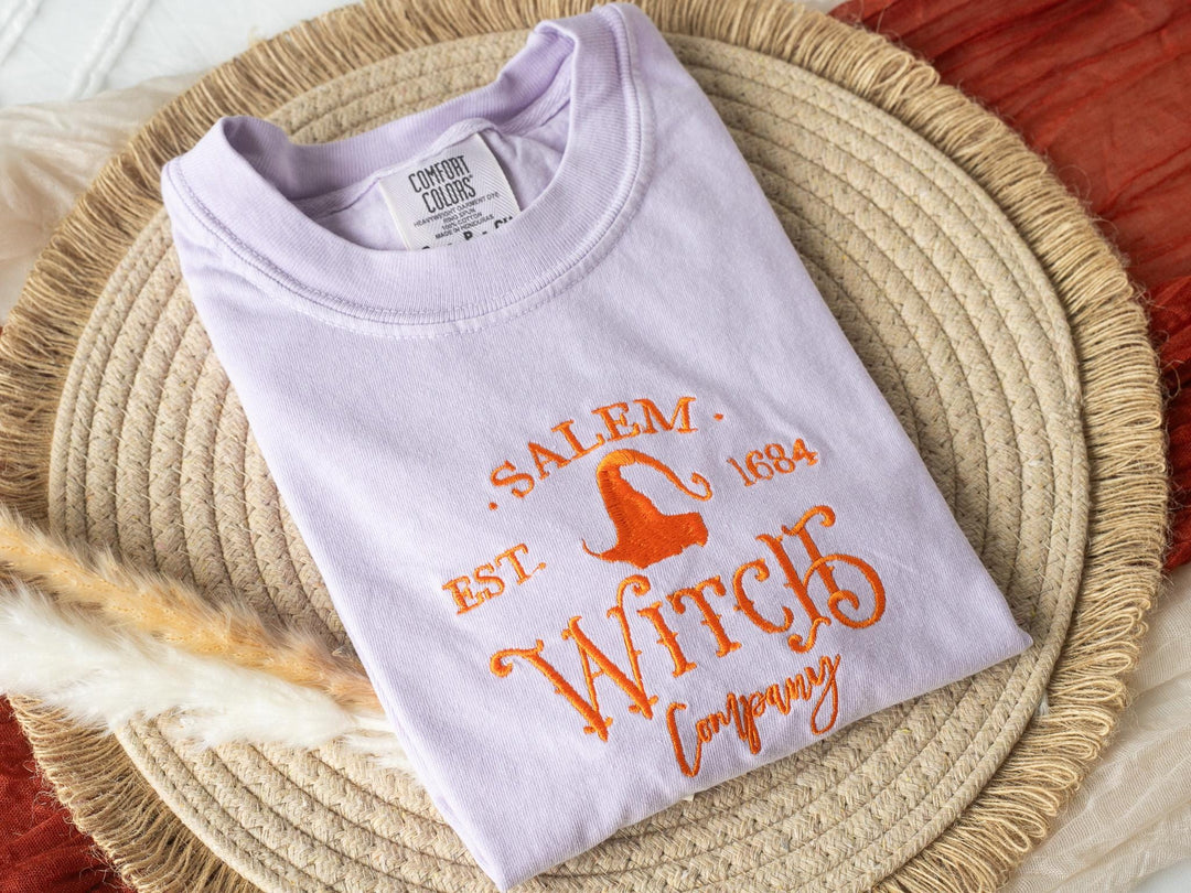 Embroidered Salem Witch Company T-shirt, Yam Colored T-shirt, Fall T-shirt, Cute Fall shirts for Women, Ghost Fall Halloween Tee, SW1-C-196