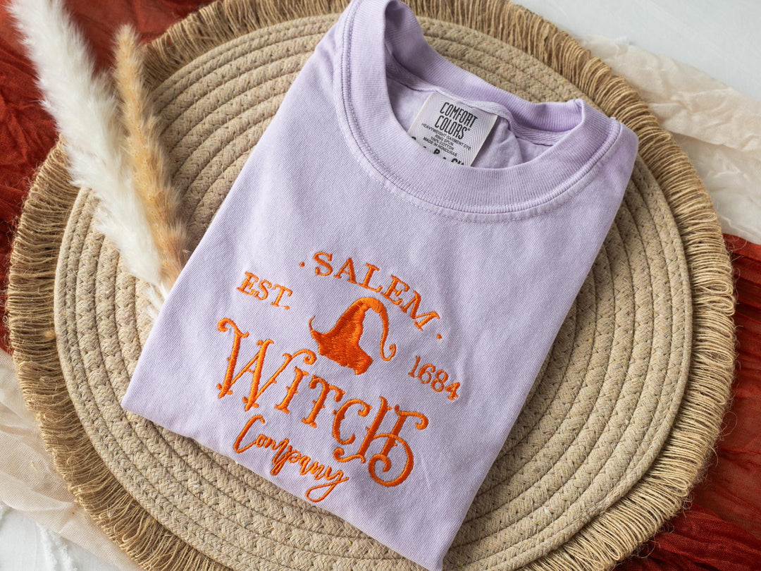 Embroidered Salem Witch Company T-shirt, Yam Colored T-shirt, Fall T-shirt, Cute Fall shirts for Women, Ghost Fall Halloween Tee, SW1-C-196