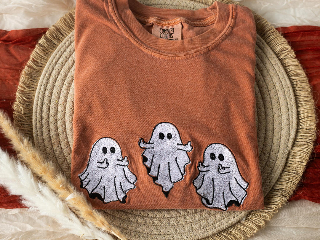 Embroidered Middle Finger Ghost T-shirt, Yam Colored T-shirt, Fall T-shirt, Cute Fall shirts for Women, Ghost Fall Halloween Tee, MF1-C-196