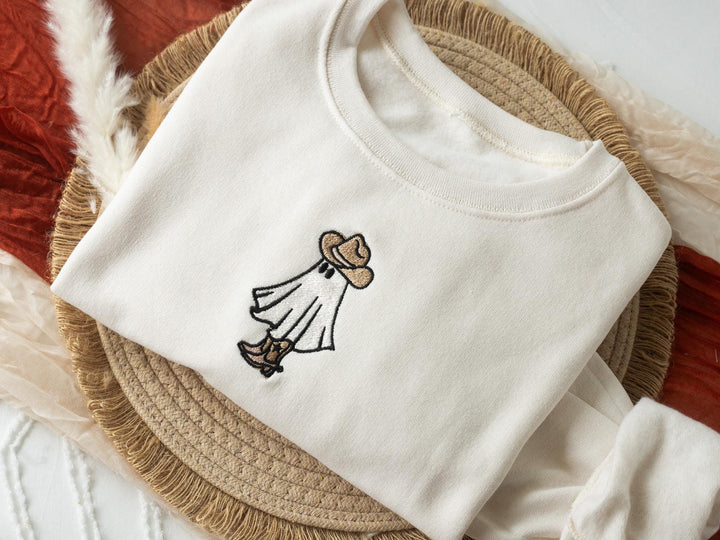 Embroidered Ghost Cowboy Heart Sweatshirt, Embroidered Halloween Sweatshirt, Funny Fall Sweatshirt, Cowboy Ghost Fall Crewneck, JK1-C-97