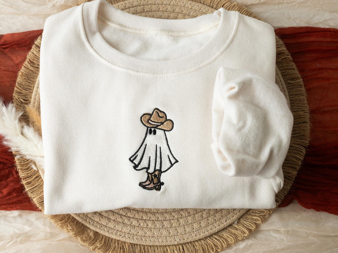 Embroidered Ghost Cowboy Heart Sweatshirt, Embroidered Halloween Sweatshirt, Funny Fall Sweatshirt, Cowboy Ghost Fall Crewneck, JK1-C-97