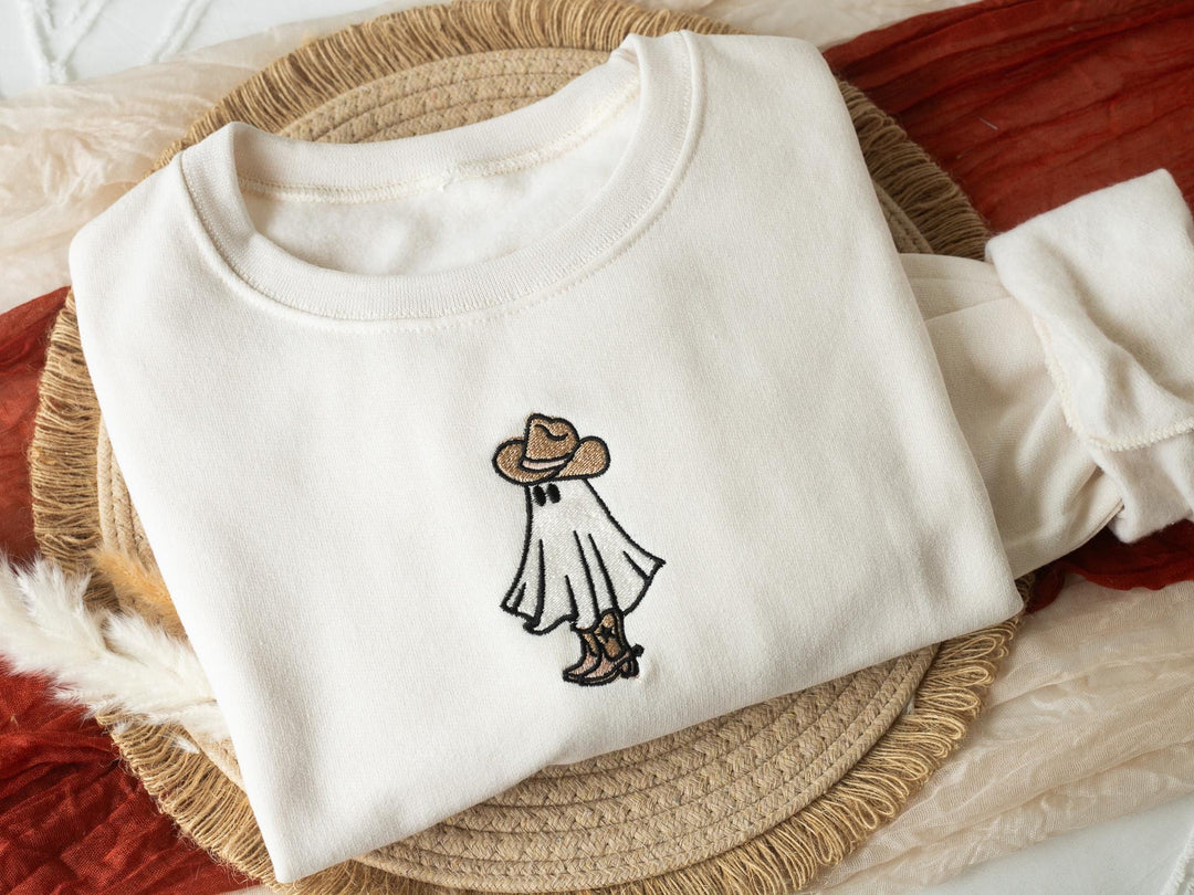 Embroidered Ghost Cowboy Heart Sweatshirt, Embroidered Halloween Sweatshirt, Funny Fall Sweatshirt, Cowboy Ghost Fall Crewneck, JK1-C-97