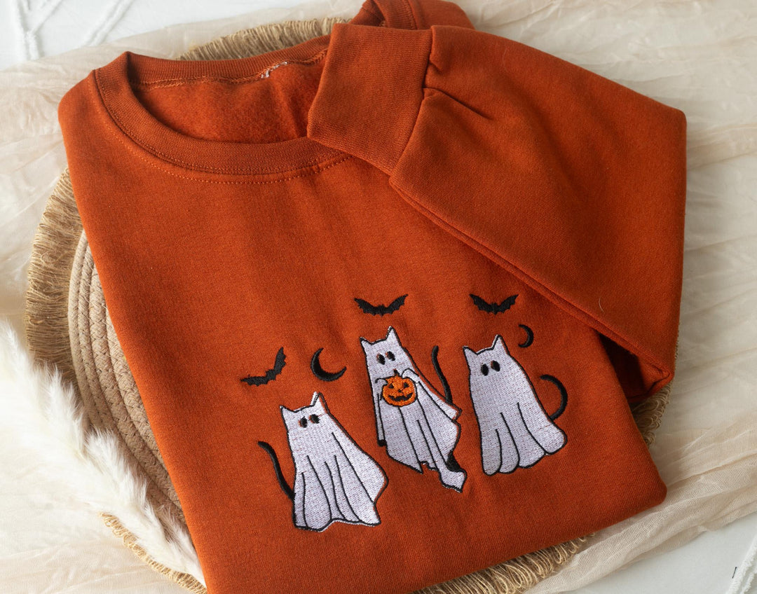 Embroidered Ghost Cats Sweatshirt, Embroidered Halloween Sweatshirt, Cat Fall Sweatshirt, Trick Cat Fall Crewneck, KL3-C-120