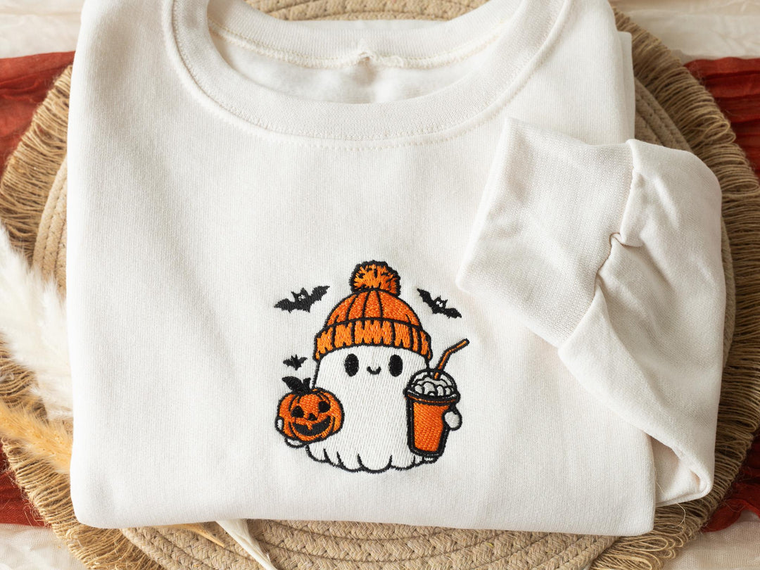 Embroidered Cute Ghost Sweatshirt, Embroidered Fall Sweatshirt, Halloween Sweatshirt, Coffee Ghost Sweatshirt, Sweatshirt Crewneck, BG1-C-97