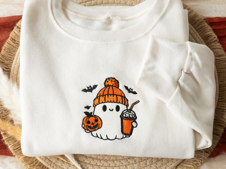 Embroidered Cute Ghost Sweatshirt, Embroidered Fall Sweatshirt, Halloween Sweatshirt, Coffee Ghost Sweatshirt, Sweatshirt Crewneck, BG1-C-97